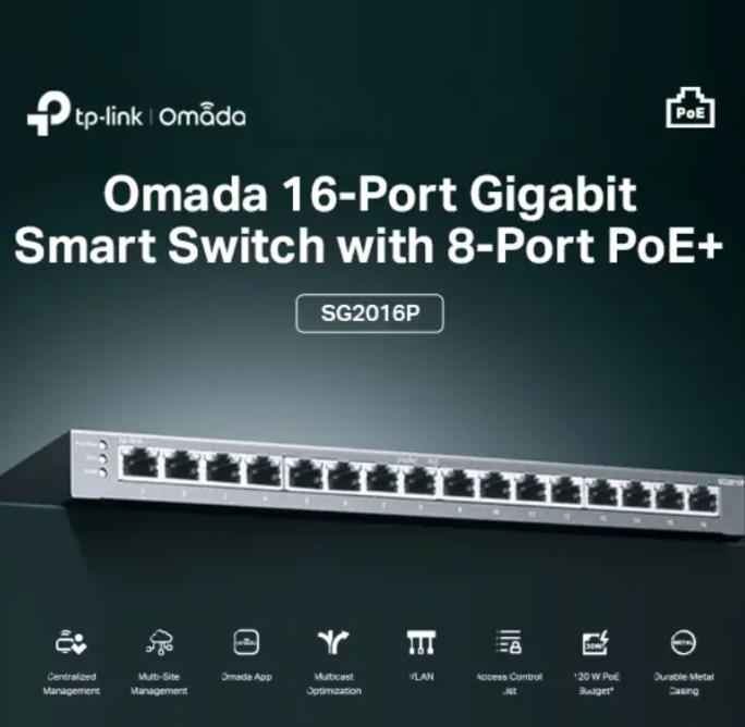 TP-Link Omada TL-SG2016P 16-Port Gigabit Smart Switch with 8-Port PoE+, 120W Budget, Omada SDN Cloud Control, VLAN, QoS, ACL, Fanless Metal Design for Business Networks