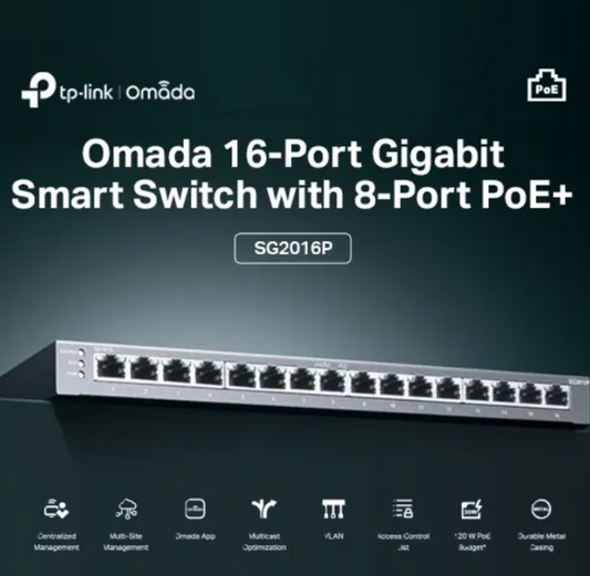 TP-Link Omada TL-SG2016P 16-Port Gigabit Smart Switch with 8-Port PoE+, 120W Budget, Omada SDN Cloud Control, VLAN, QoS, ACL, Fanless Metal Design for Business Networks