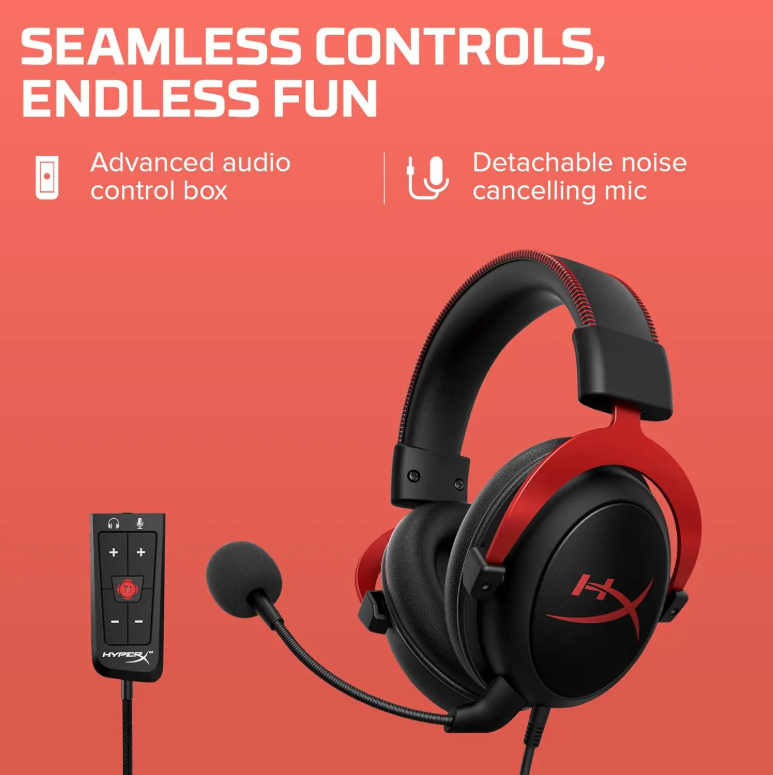 HyperX Cloud II – Gaming Headset, 7.1 Surround Sound, Memory Foam Ear Pads, Durable Aluminum Frame, Detachable Microphone, Works with PC, PS5, PS4, Xbox Series X|S, Xbox One | Red