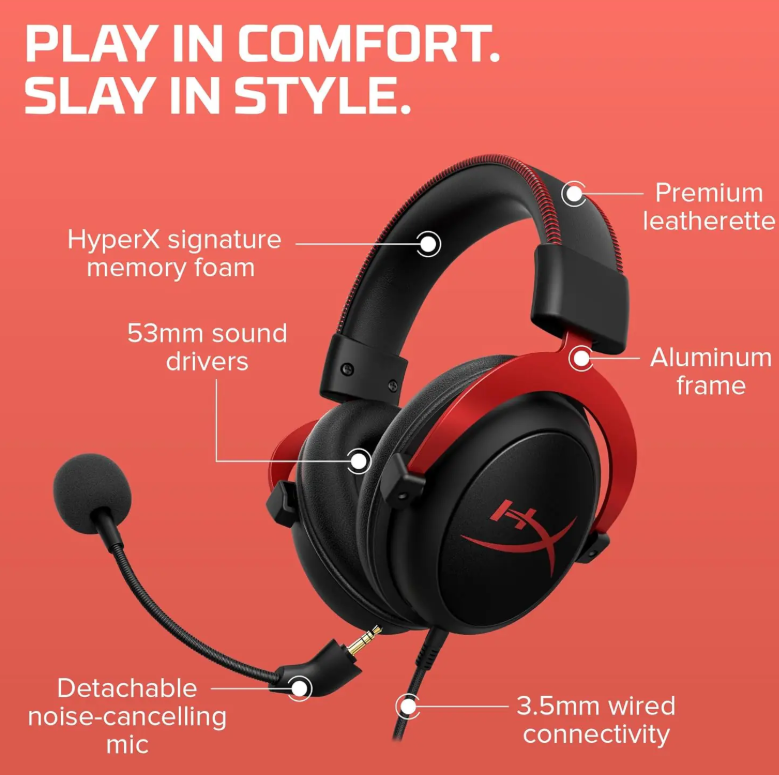 HyperX Cloud II – Gaming Headset, 7.1 Surround Sound, Memory Foam Ear Pads, Durable Aluminum Frame, Detachable Microphone, Works with PC, PS5, PS4, Xbox Series X|S, Xbox One | Red